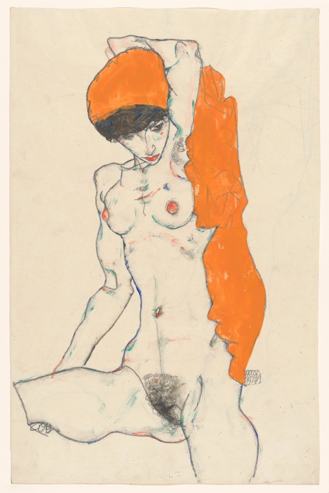 Standing Nude with Orange Drapery (recto): Study of Nude with Arms Raised (verso)