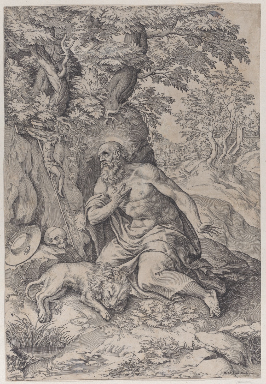 Saint Jerome in the wilderness, with a lion at left